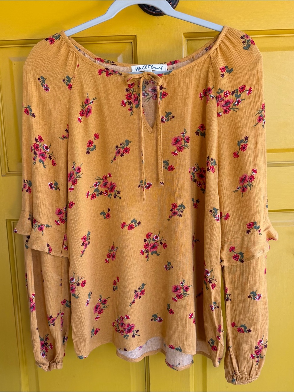 Wallflower Mustard Floral Tie-Front Peasant Blouse - Picture 3 of 11